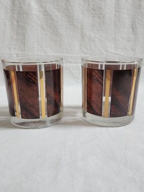 Set of 2 Retro Brown & Gold Rocks Glasses